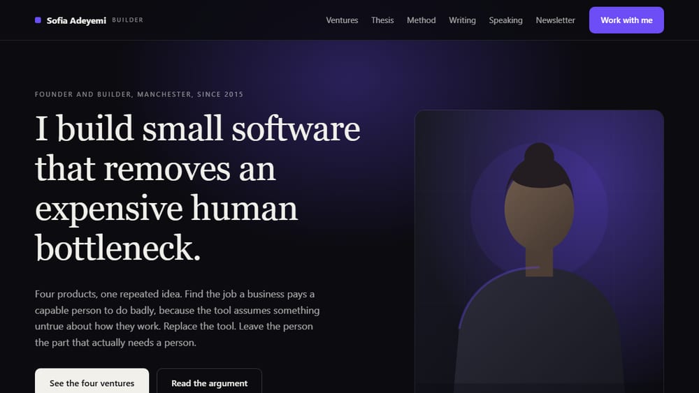 The founder concept study: a multi-venture site organised around a single through-line
