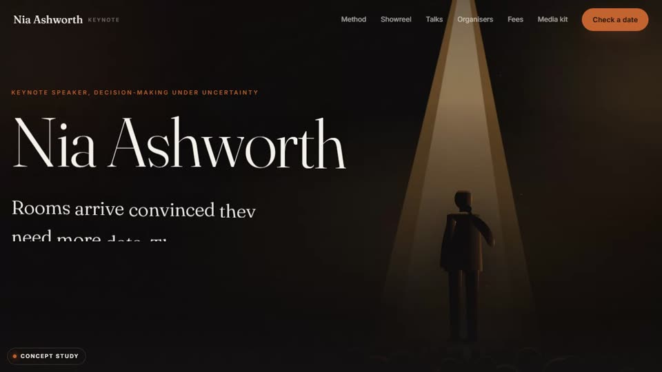 Concept study: a keynote speaker site rebuilt as a booking tool for the conference producer