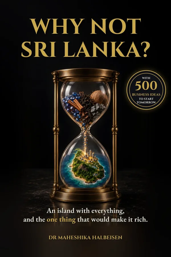 Why Not Sri Lanka? by Dr. Maheshika Halbeisen, front cover: an hourglass pouring the island's treasures into a growing city